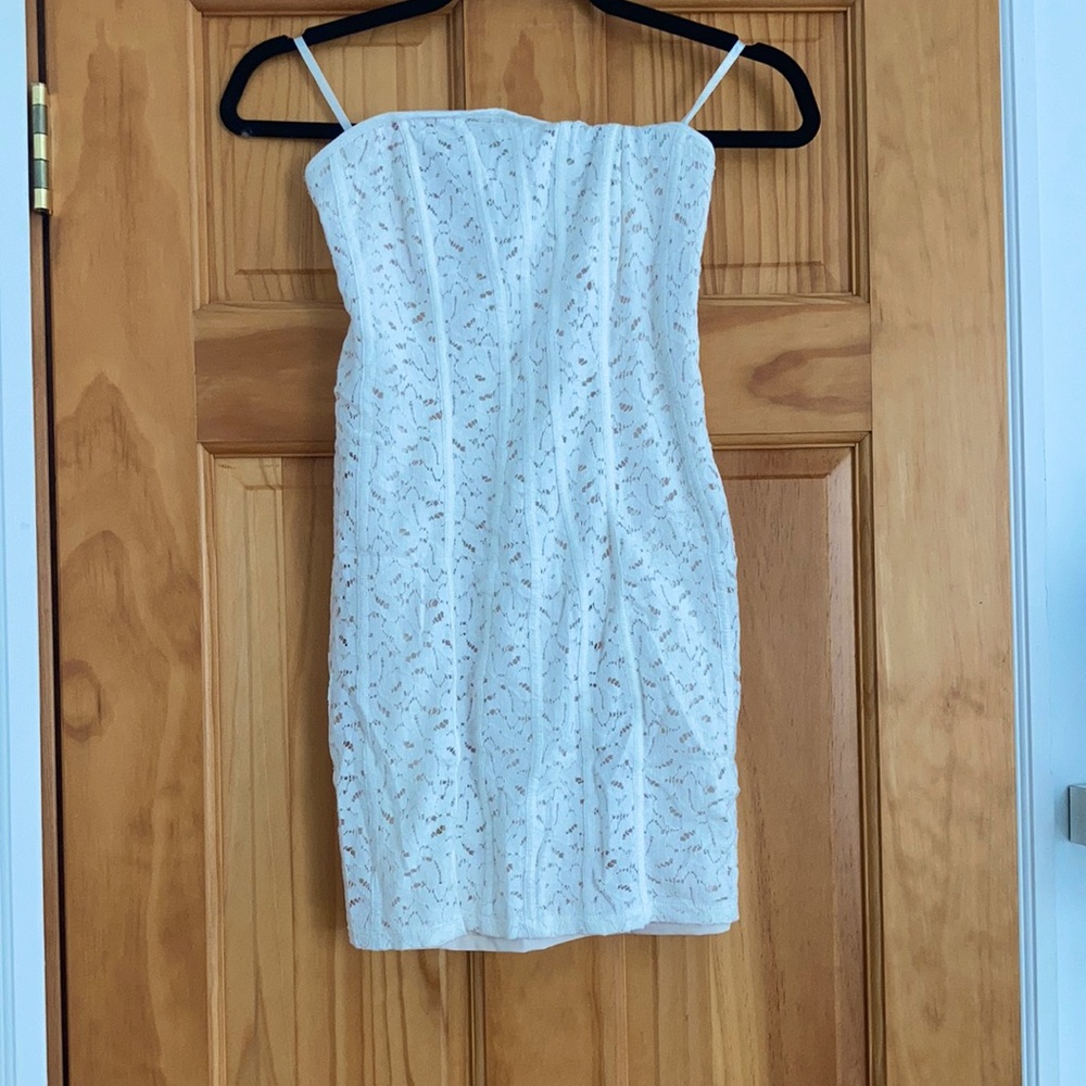 White lace strapless mini dress